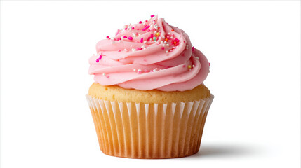 A vanilla cupcake topped with vibrant pink frosting, decorated with multicolored sprinkles, presented cleanly on a plain white background. Perfect for bakery, celebrations, or dessert themes.
