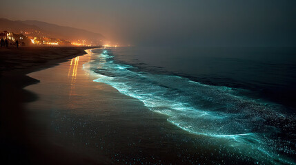 Fototapeta premium Bioluminescent waves glow electric blue under night sky, a mystical marine wonder