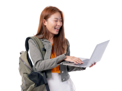 A cheerful young student with long brown hair and a backpack, happily using a laptop isolated on a transparent background , possibly for online learning or social networking