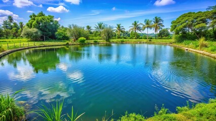 Fototapeta premium Beautiful farm shrimp pond with clear blue water surrounded by lush greenery and bubbling aerators