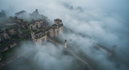 Fototapeta premium Shroud of Memory – A haunting fog envelops the crumbling remains of a once-mighty metropolis.