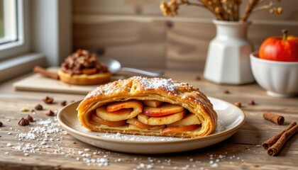 Tempting apple strudel in the homely corner on a cinnamon background, in a clean food photography style, with kitchen warmth radiance, spacious layout, high resolution