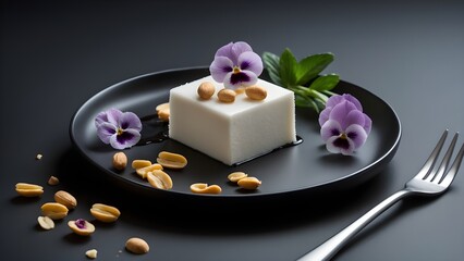Gourmet White Cubed Dessert with Peanuts and Purple Flowers on Black Plate – Elegant Food Presentation