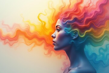 Vibrant Hair Expression. Woman proudly sports bright, multicolored hairstyle that reflects her vibrant personality and joyful inner world.