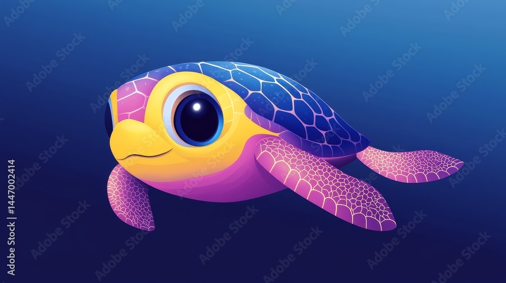 Poster adorable pixelated sea turtle with big eyes floating in the deep ocean displaying vivid colors and c