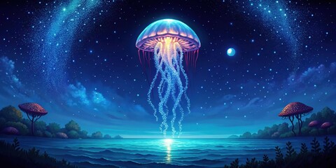 Glowing jellyfish in pixel art sea under starry night sky, aquatic animals, nocturnal,  aquatic animals
