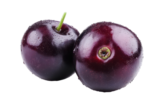 Two vibrant dark purple plums, seemingly fresh and ripe, are presented against a plain black background.  Water droplets add a touch of moisture to their glossy surfaces.