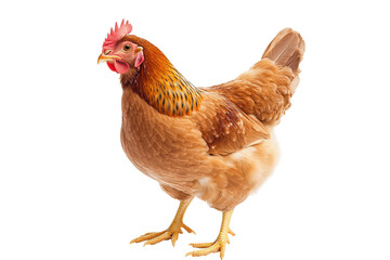 Fototapeta premium Hen with brown feathers, red comb, and yellow beak standing on a black background