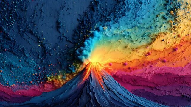 A vibrant and surreal volcano erupting against a colorful gradient sky,