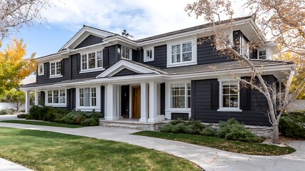 Obraz premium Stunning Modern Two Story Dark Gray Exterior Home with White Trim and Landscaping