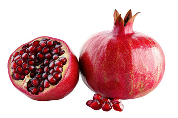 shot of two pomegranates, one whole and one halved, showcasing the vibrant red color and seeds.