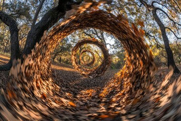 Obraz premium Swirling autumn leaves create a mesmerizing tunnel effect within a forest of oak trees.
