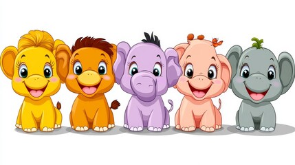 Naklejka premium Cheerful group of cartoon baby animals in a row graphic illustration with lions elephants and giraffe promoting happiness and joy for kids parties