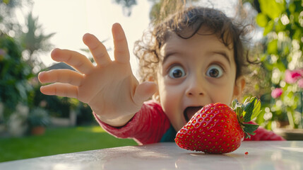 child excitedly reaches for strawberry, eyes wide with anticipation in garden setting