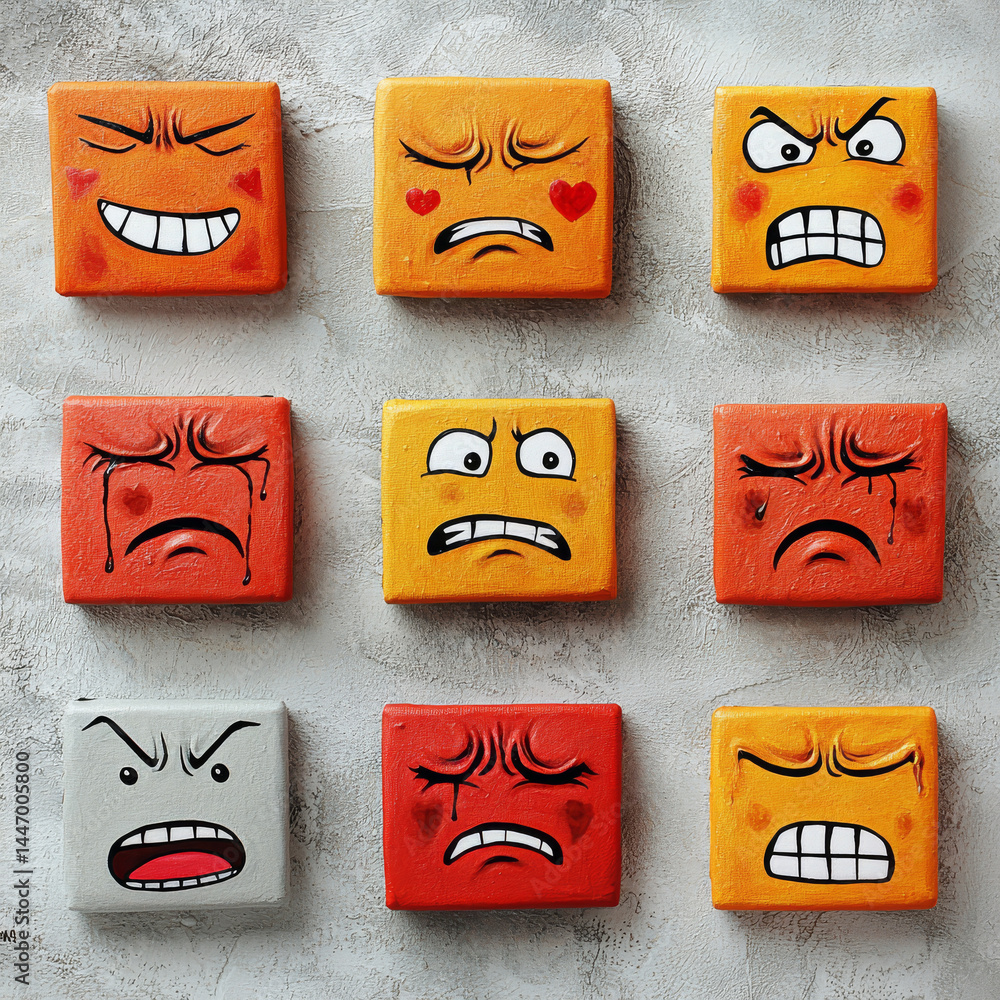 Poster collection of colorful square canvases displaying various emotional expressions on textured wall