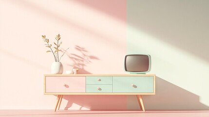 Pastel sideboard with vintage TV, sunlight.