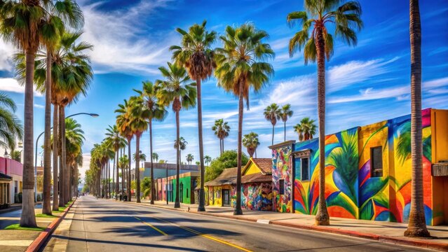 Sunny afternoon in Eastlake Chula Vista neighborhood with palm trees and vibrant street art , street art