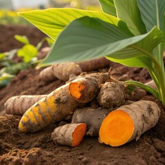 Close-up View of Fresh Turmeric Roots (Curcuma longa) with Bright Orange Flesh, Harvested Turmeric, Organic Root, Fresh Spices, Healthy Turmeric, Agricultural Farming, Natural Herbs, Root Vegetables