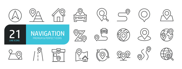 Set of line icons related to navigation, map, pin, road. Outline icons collection. Editable stroke. Vector illustration