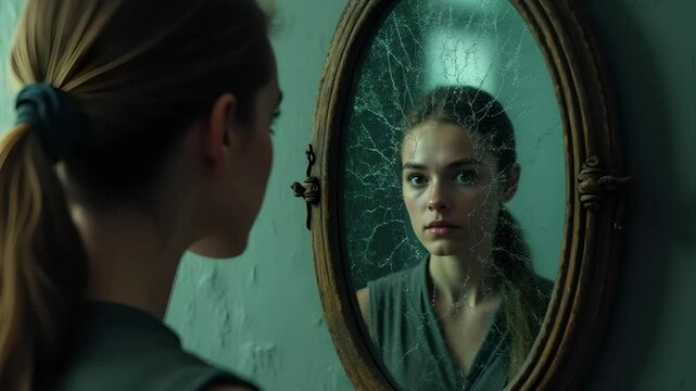 A young woman gazing into a cracked magic mirror, the faces of her cursed ancestors swirling behind her