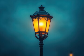 Illuminated ornate streetlight shines brightly in the fog Atmospheric light source