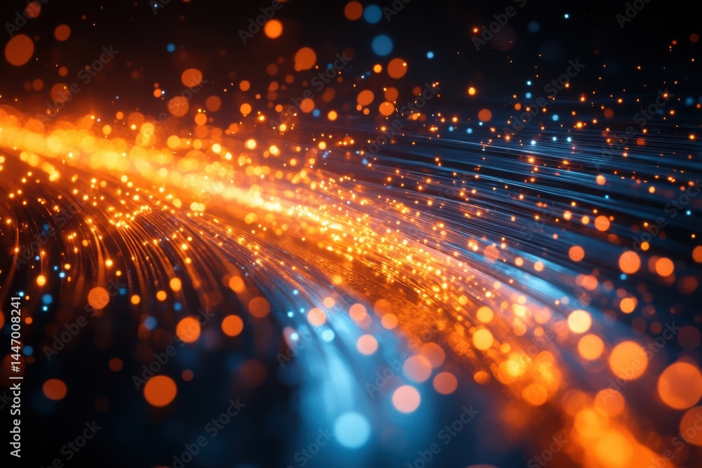 Poster abstract network of glowing strands with orange and blue bokeh lights floating around