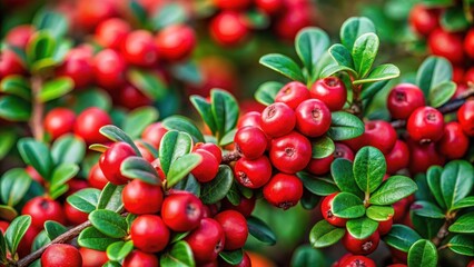 Obraz premium Vibrant bright red berries of bearberry cotoneaster with lush green leaves and twigs in a forest setting, showcasing the beauty of nature, wildlife, foliage