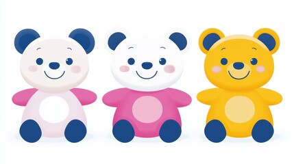 Naklejka premium Adorable stuffed animal family featuring a pink panda bear a white bear and a charming yellow bear trio for kids illustration project