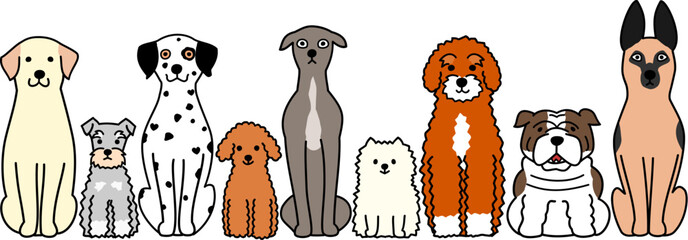 cute cartoon dogs sitting in a row