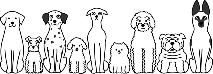 cute cartoon dogs sitting in a row line art