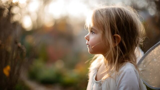 A charming young girl with delicate fairy wings gazing into the distance, surrounded by a magical natural setting, evoking innocence and wonder in childhood explorations.
