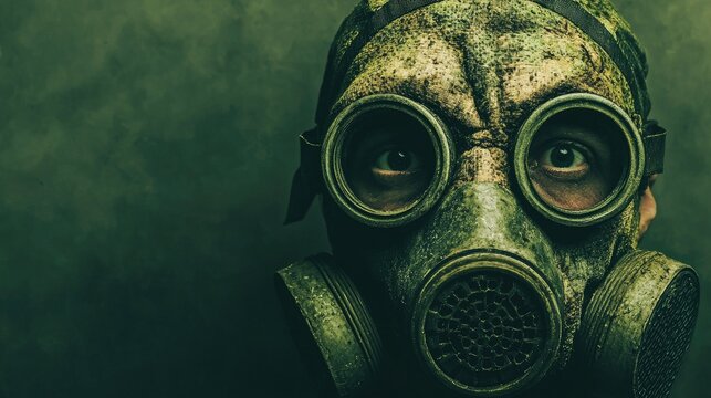 A person wearing a gas mask looking directly at the viewer