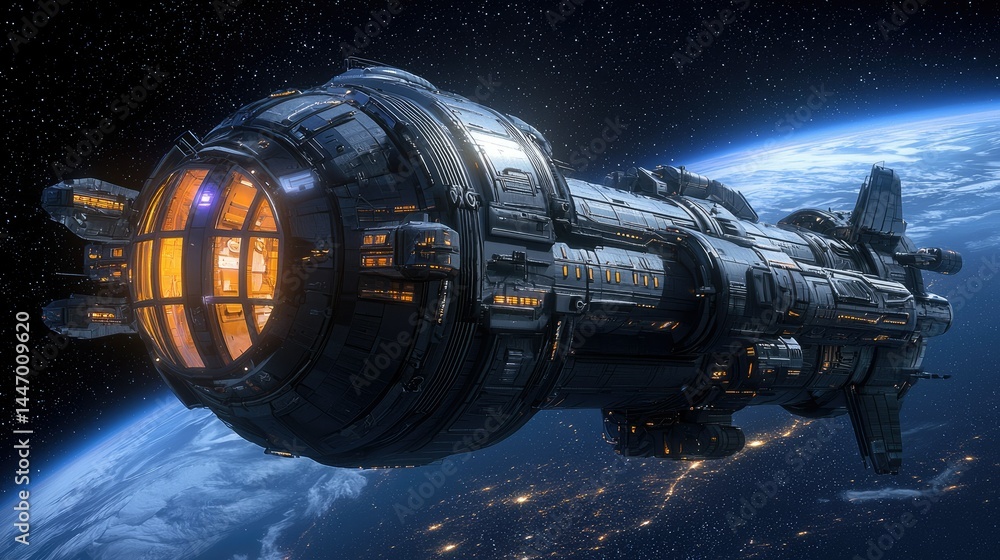 Poster a large futuristic spaceship hovering above an earthlike planet