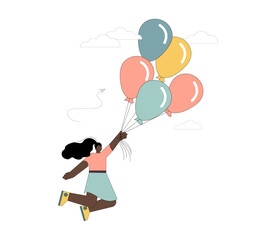 Woman flies on balloons. Flight to the dream.eps