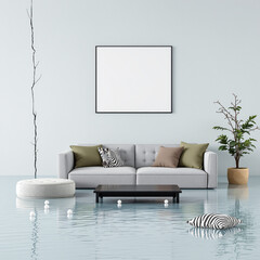 flooded living room with gray sofa and water damage