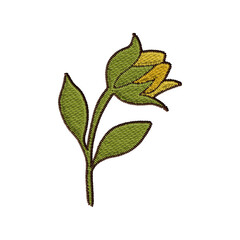 Embroidered clipart of stylized yellow and green sunflower bud. Folk floral motif with stitched texture. Ideal for botanical, seasonal, or rural design use