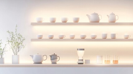Minimalist kitchen shelf with tea and coffee set.