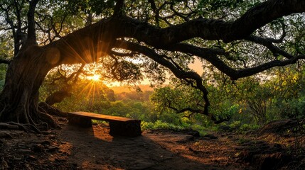 A wooden bench sits beneath a massive tree and golden sunlight