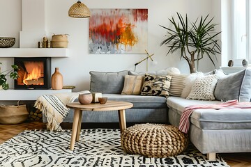 Wooden table next to grey corner settee in warm living room interior with painting and fireplace. Real photo