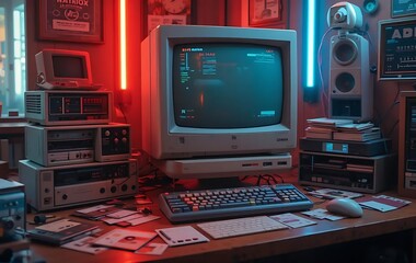 vibrant scene showcasing early 2000s computers with colorful lighting, creating nostalgic atmosphere. retro monitors and keyboards evoke memories of past era in technology