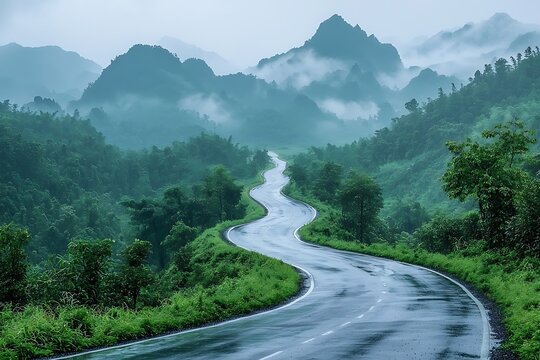 Winding road through misty mountains