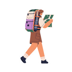 Obraz premium Hiker walking with backpack and map. Tourist hiking, adventure travel. Backpacker exploring route with knapsack, bag on holiday journey. Flat vector illustration isolated on white background
