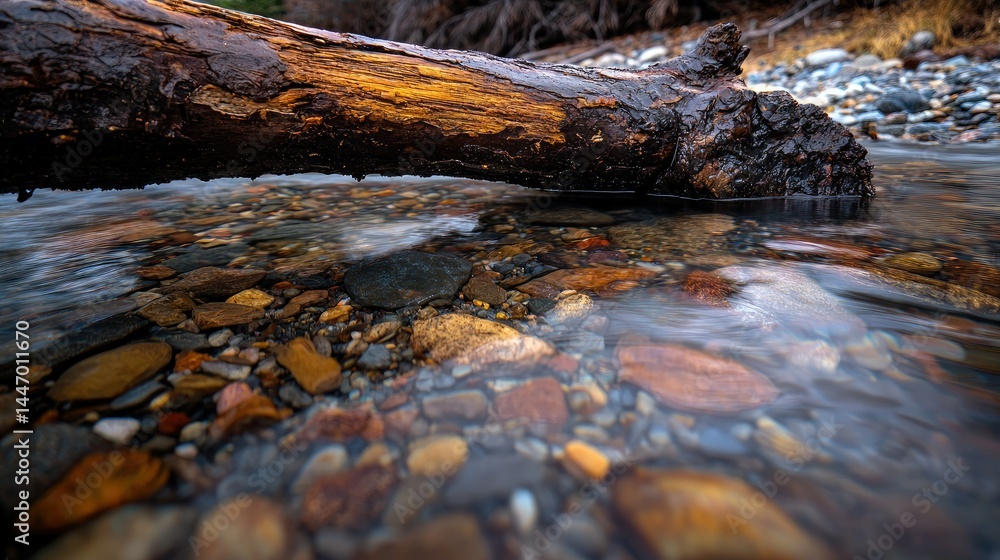 Poster a log resting above a stream of flowing water with rocks