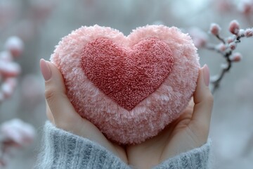 Fototapeta premium Heart pillow held gently in hands symbolizing love and affection blossom background