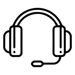 Headphones with microphone (outline style). This image depicts a set of over-ear headphones with an attached microphone, commonly used for communication, listening, or recording audio
