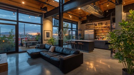 Fototapeta premium A Modern Loft Interior Featuring Open Concept Living Spaces