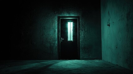 A dark and foreboding doorway with bright light is visible