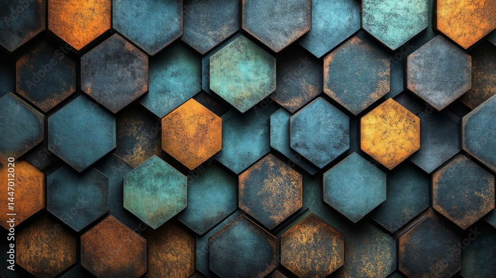 Poster textured hexagonal tile mosaic with earth tones and distressed appearance, geometric pattern surface