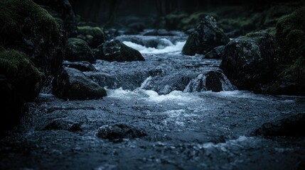 Fototapeta premium Flowing water travels between dark moss covered rocks with clarity
