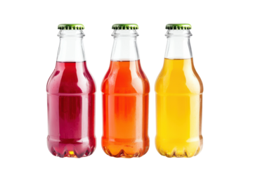 Three clear bottles, filled with colorful liquids. Each capped with green metal